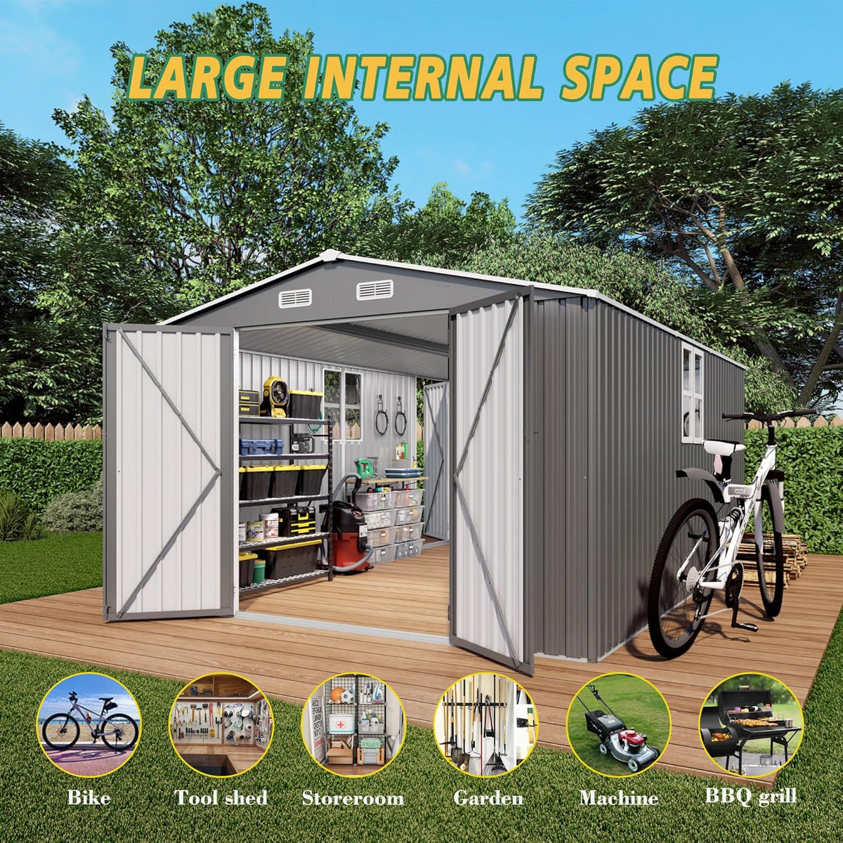 10x14x6.7FT Outdoor Storage Shed, Galvanized Steel Garden Shed with Lockable Door & Window, Waterproof Metal Tool Storage for Garden, Backyard, Patio