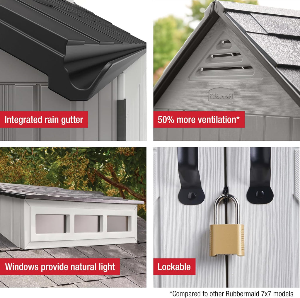 Rubbermaid Resin Outdoor Storage Shed With Floor (7 x 7 Ft) Weather Resistant Gray Organization for Home/Backyard/Garden Tools/Lawn Mower/Bike