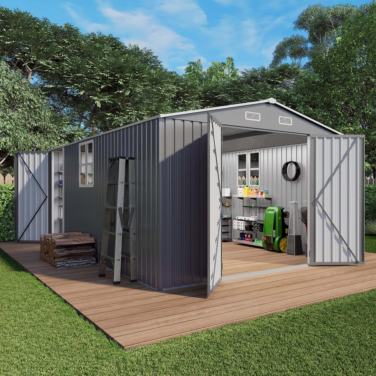 10x14x6.7FT Outdoor Storage Shed, Galvanized Steel Garden Shed with Lockable Door & Window, Waterproof Metal Tool Storage for Garden, Backyard, Patio