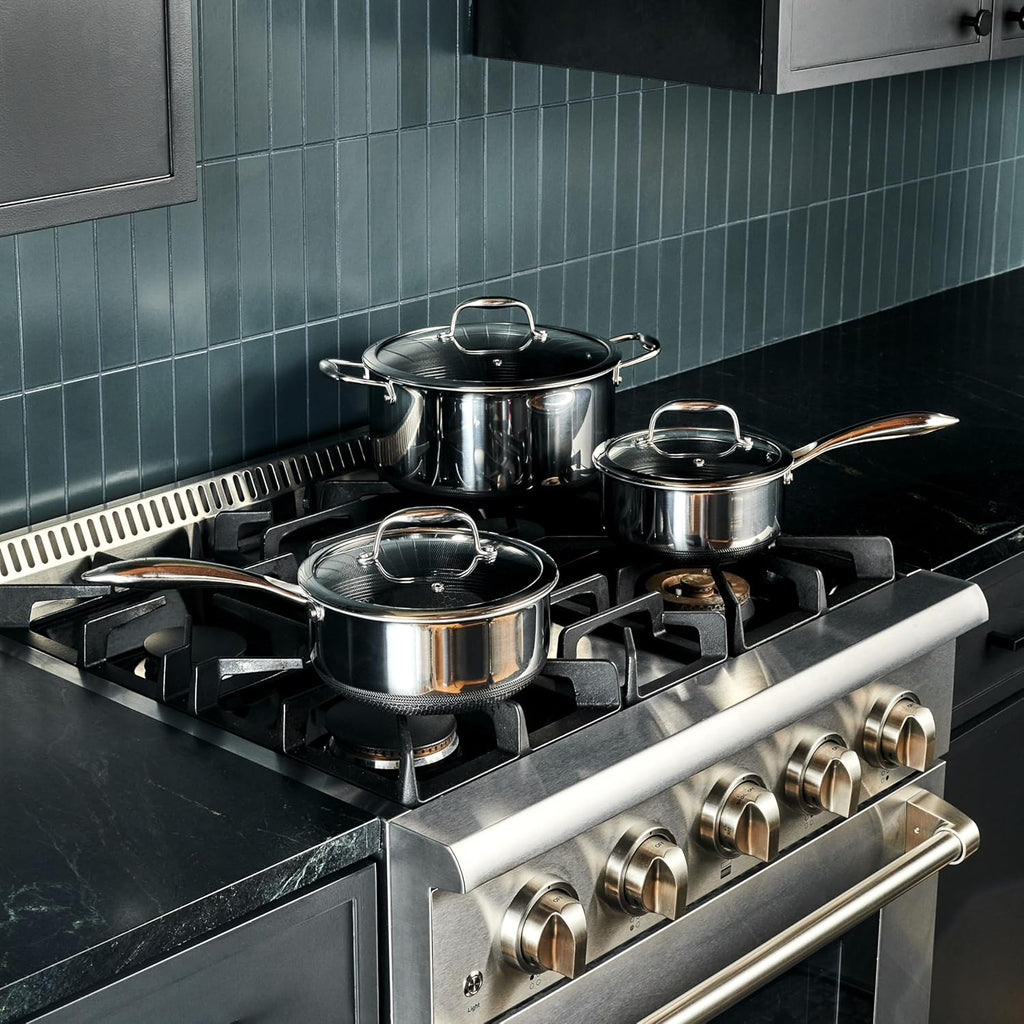 HexClad Hybrid Nonstick 6-Piece Pot Set with 2 Silicone Trivets, 2, 3, and 8-Quart Pots with Tempered Glass Lids, Stay-Cool Handles, Dishwasher
