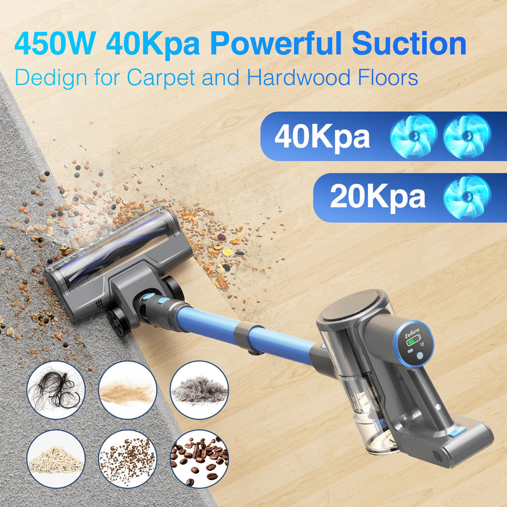 Zefiro Cordless Vacuum Cleaner for Home,45Mins Runtime Stick Vacuum Cleaners, Anti-Tangle and 1.5L Dust Cup, Lightweight Vacuum for Hardwood Floor