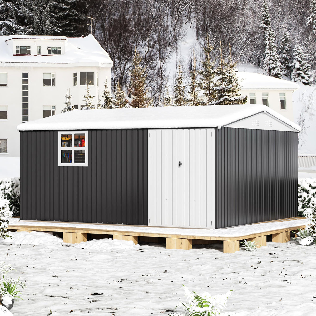 Polar Aurora 12x14 FT Outdoor Storage Shed, Garden Shed with Updated Frame Structure and Lockable Doors, Metal Tool Sheds for Backyard Garden Patio