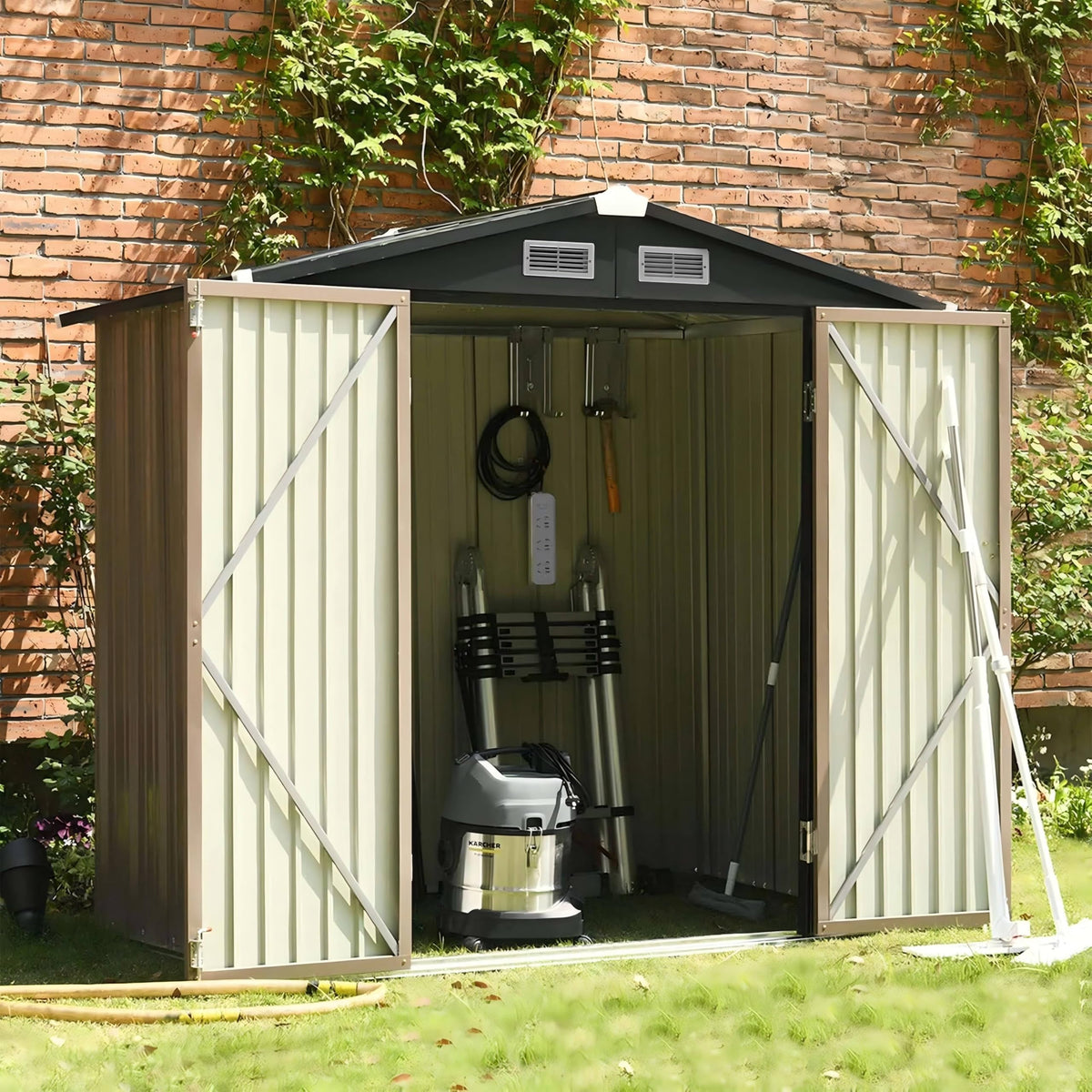 GVDV 10x14 FT Outdoor Metal Storage Shed, Durable Garden Shed with Updated Frame Structure for Backyard, Patio, Tool Storage, All-Weather Shelter for