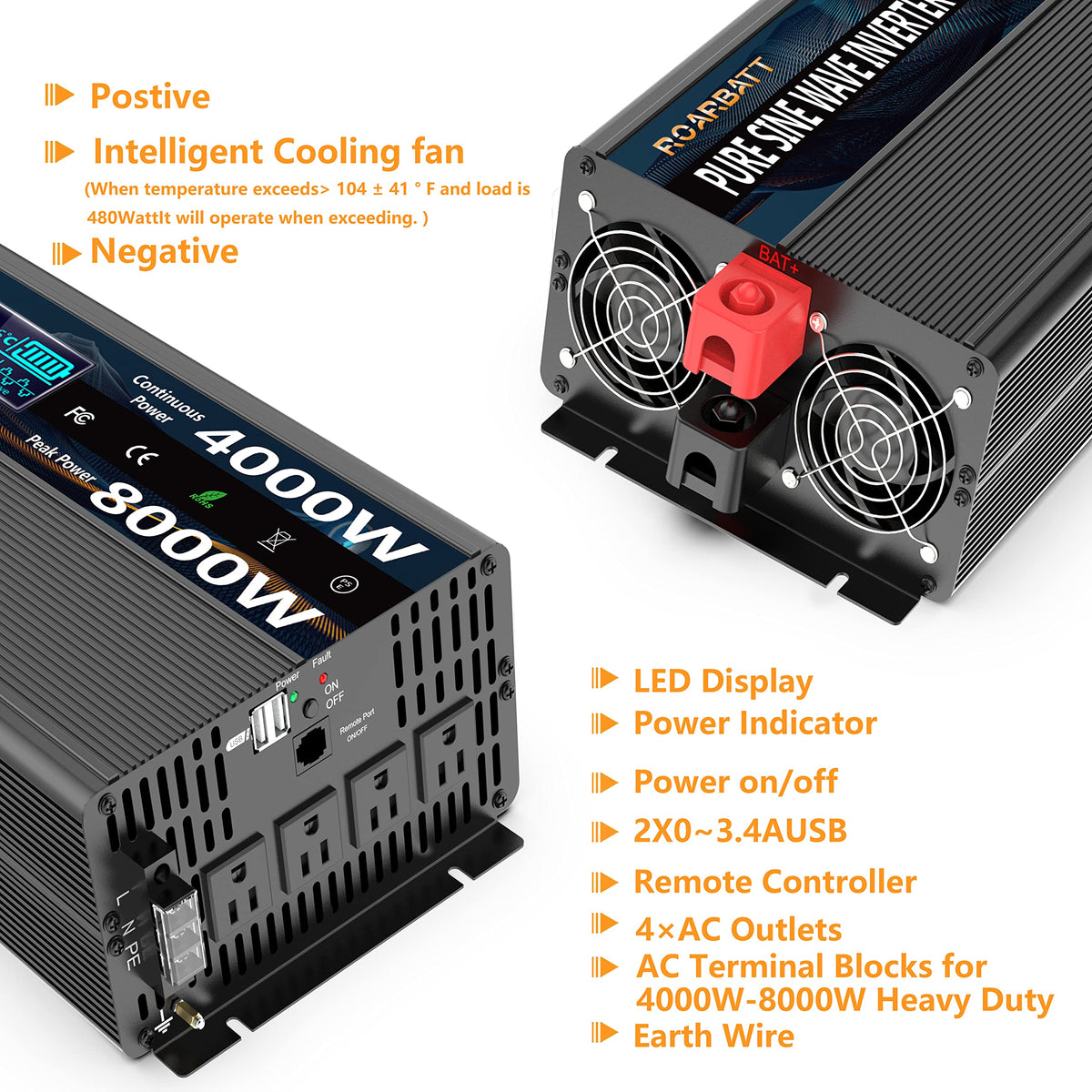Pure Sine Wave Power Inverter, 3000W 12V DC to 110V/120V AC, Peak 6000W - Remote Control, 4 AC Outlets, Dual USB, LED Display, Terminal Blocks for