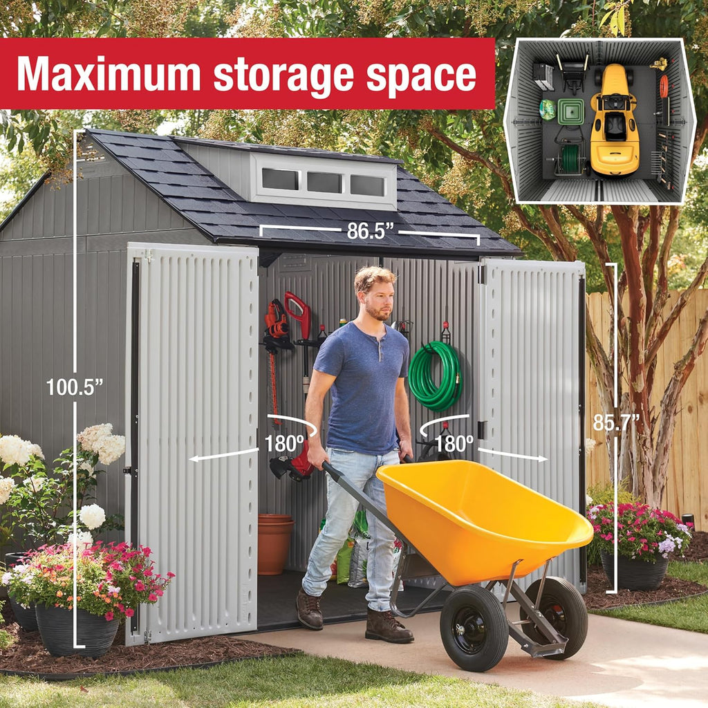 Rubbermaid Resin Outdoor Storage Shed With Floor (7 x 7 Ft) Weather Resistant Gray Organization for Home/Backyard/Garden Tools/Lawn Mower/Bike