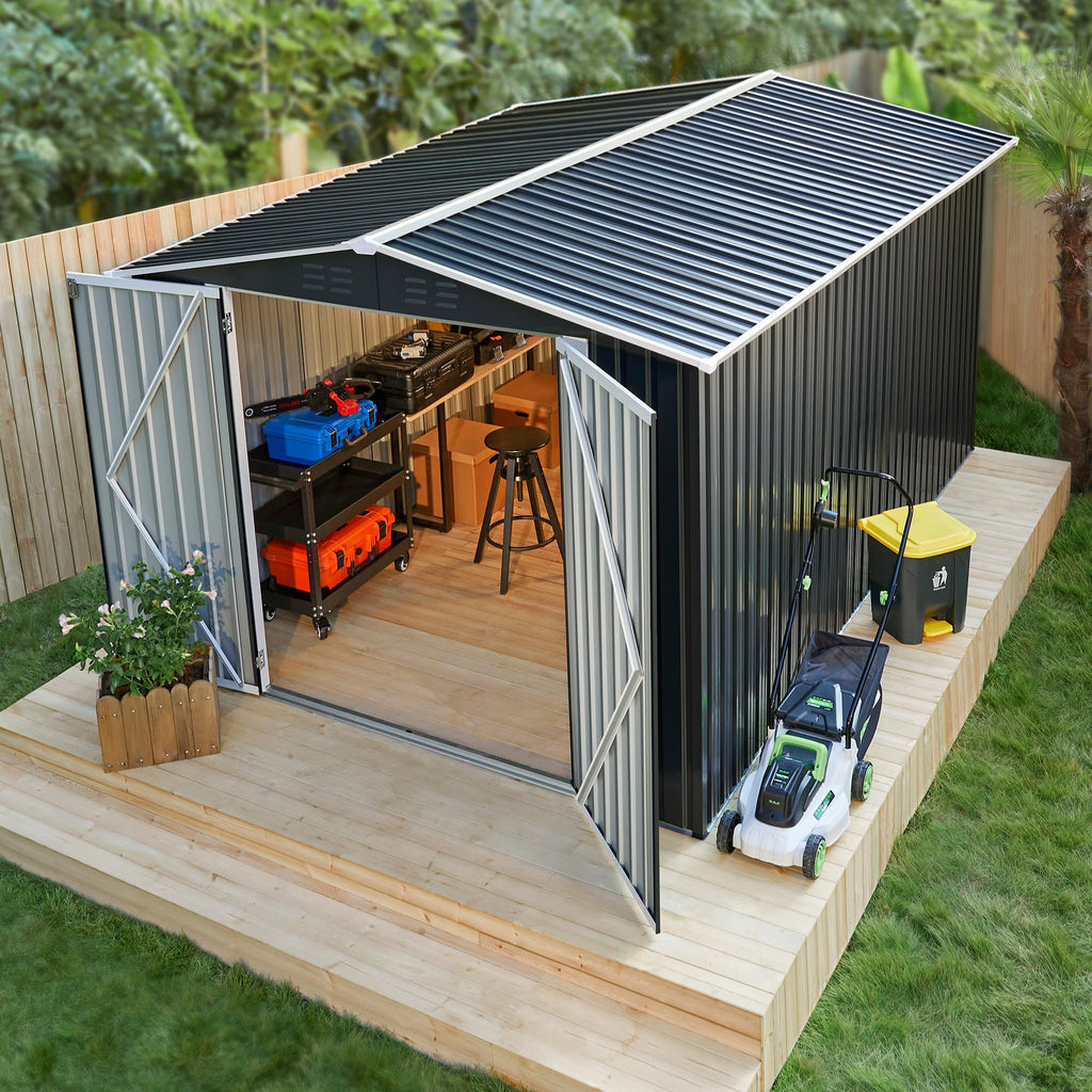 Polar Aurora 12x14 FT Outdoor Storage Shed, Garden Shed with Updated Frame Structure and Lockable Doors, Metal Tool Sheds for Backyard Garden Patio