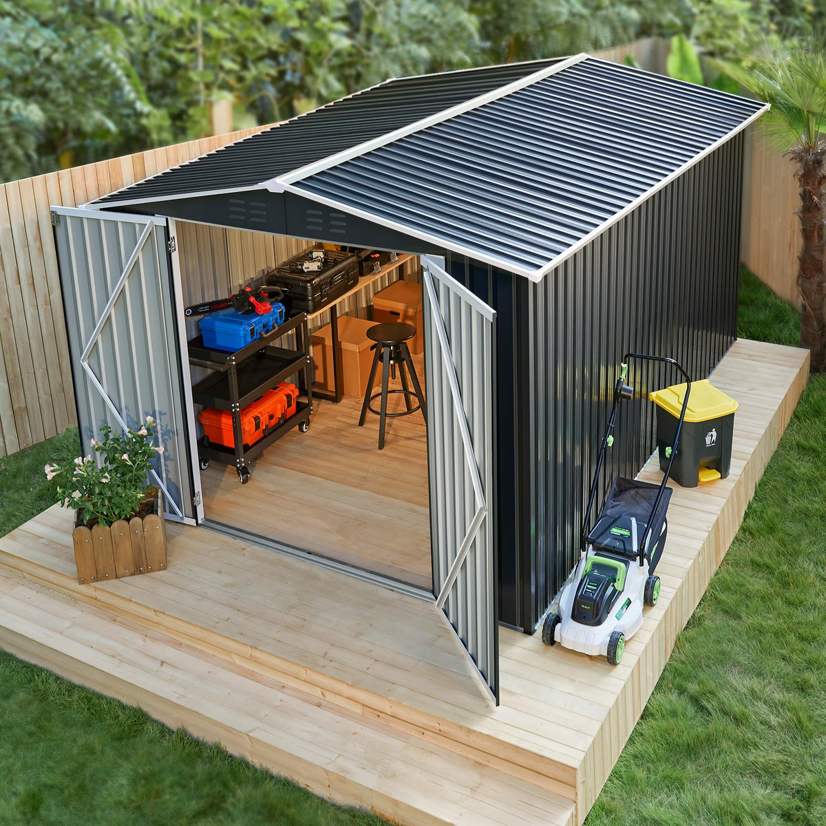 Polar Aurora 12x14 FT Outdoor Storage Shed, Garden Shed with Updated Frame Structure and Lockable Doors, Metal Tool Sheds for Backyard Garden Patio