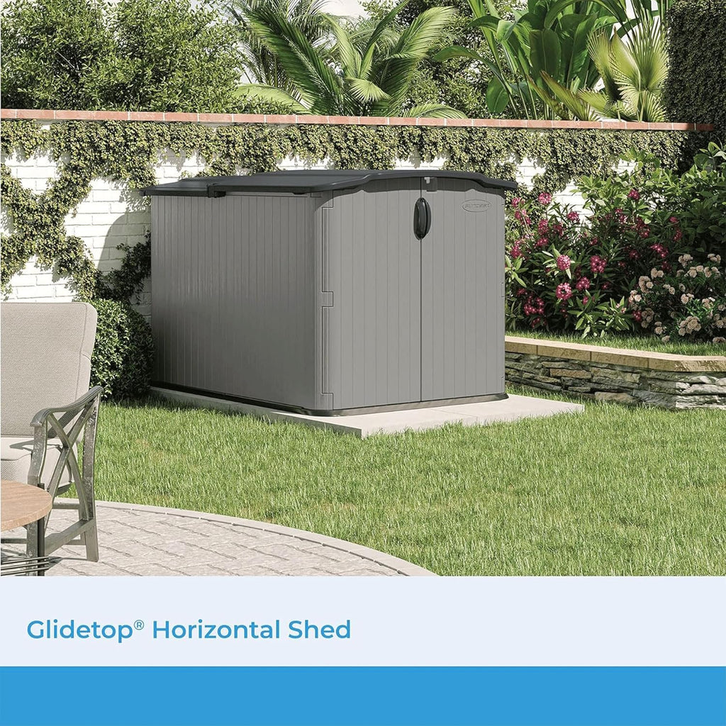 Suncast 138 Cu Ft Horizontal Outdoor Storage Shed, 57.5"x79.75"x52" Glidetop Outdoor Shed with Sliding Lid, Plastic Resin Storage Sheds with Floor