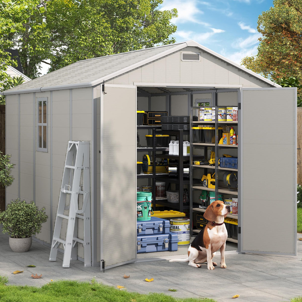 Amopatio 10x8 FT Storage Shed, Resin Shed with Floor Included, Plastic Sheds Outdoor Storage for Bike, Garden Tools, Sheds & Outdoor Storage with
