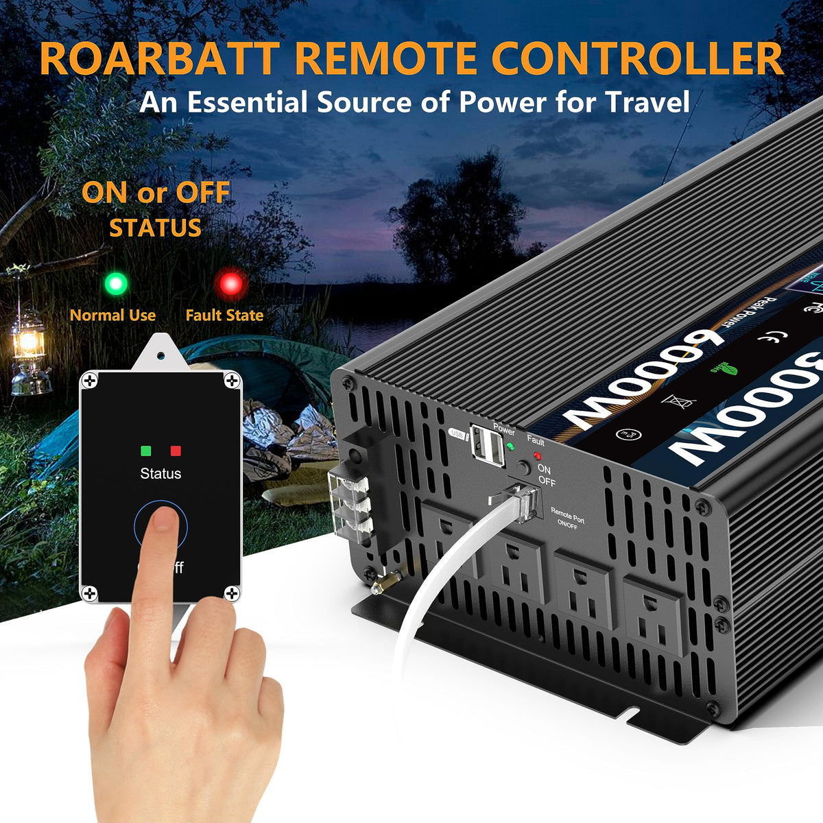 Pure Sine Wave Power Inverter, 3000W 12V DC to 110V/120V AC, Peak 6000W - Remote Control, 4 AC Outlets, Dual USB, LED Display, Terminal Blocks for