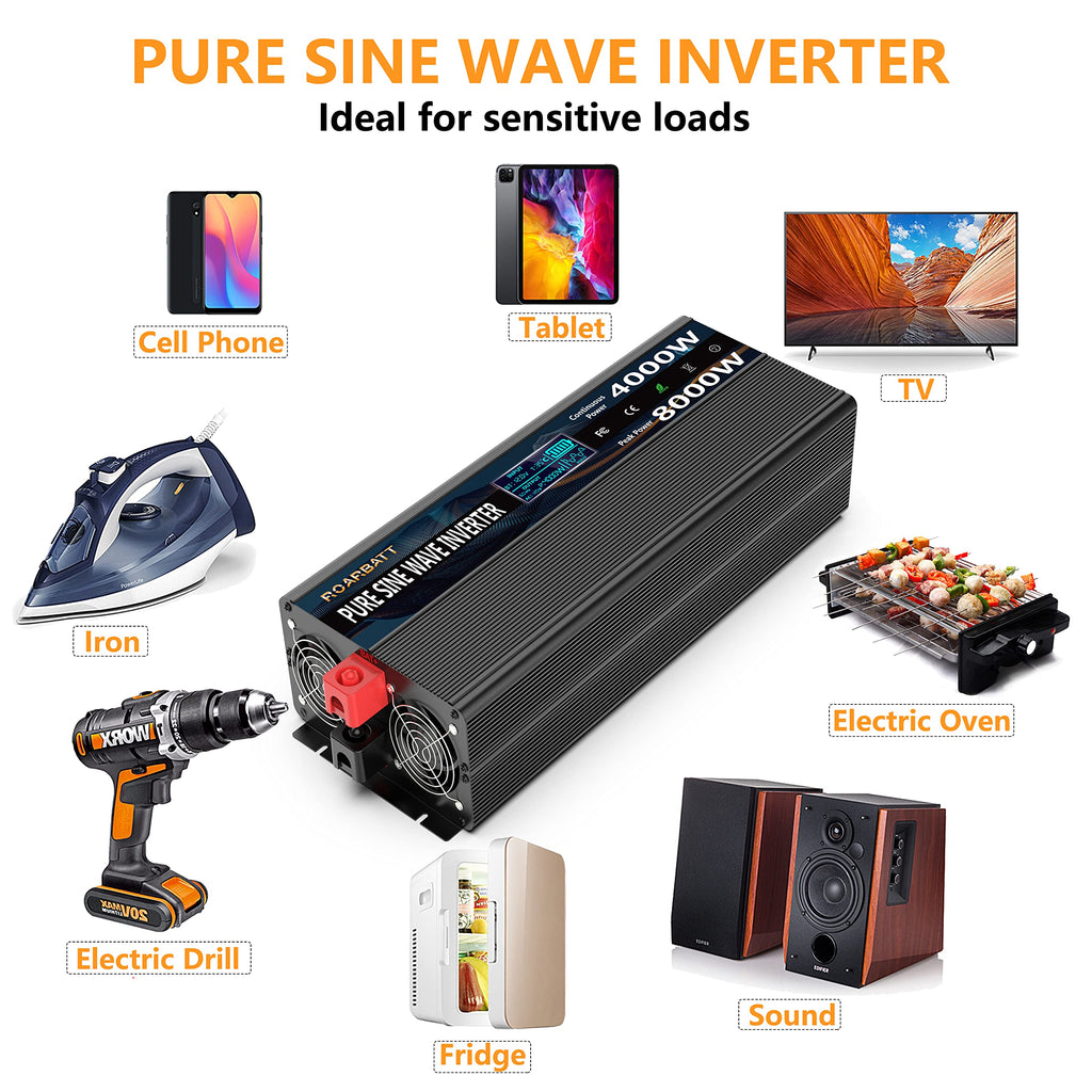Pure Sine Wave Power Inverter, 3000W 12V DC to 110V/120V AC, Peak 6000W - Remote Control, 4 AC Outlets, Dual USB, LED Display, Terminal Blocks for