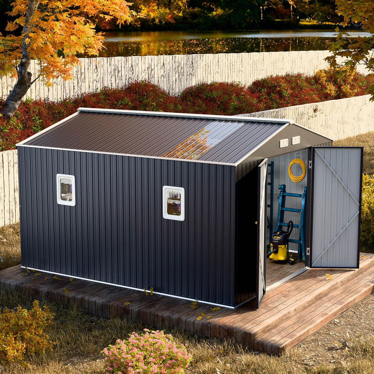 10x12 FT Metal Outdoor Storaged Shed with Floor Base Waterproof Heavy Duty Reinforced Frame with Unique Clear Roof Skyview Windows Air Vent for
