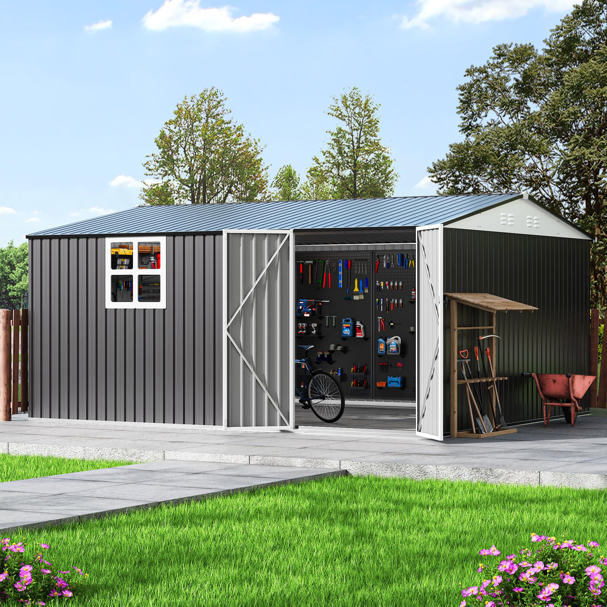 Polar Aurora 12x14 FT Outdoor Storage Shed, Garden Shed with Updated Frame Structure and Lockable Doors, Metal Tool Sheds for Backyard Garden Patio