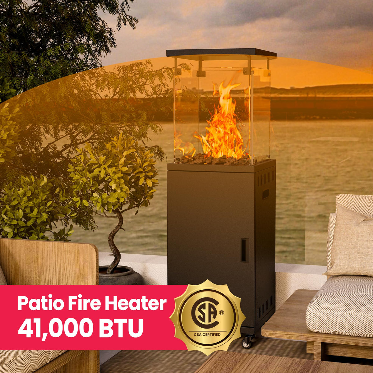 PAMAPIC Patio Heater, 42,000 BTU Quartz Glass Tube Brown Tower Propane Outdoor Heater with Cover