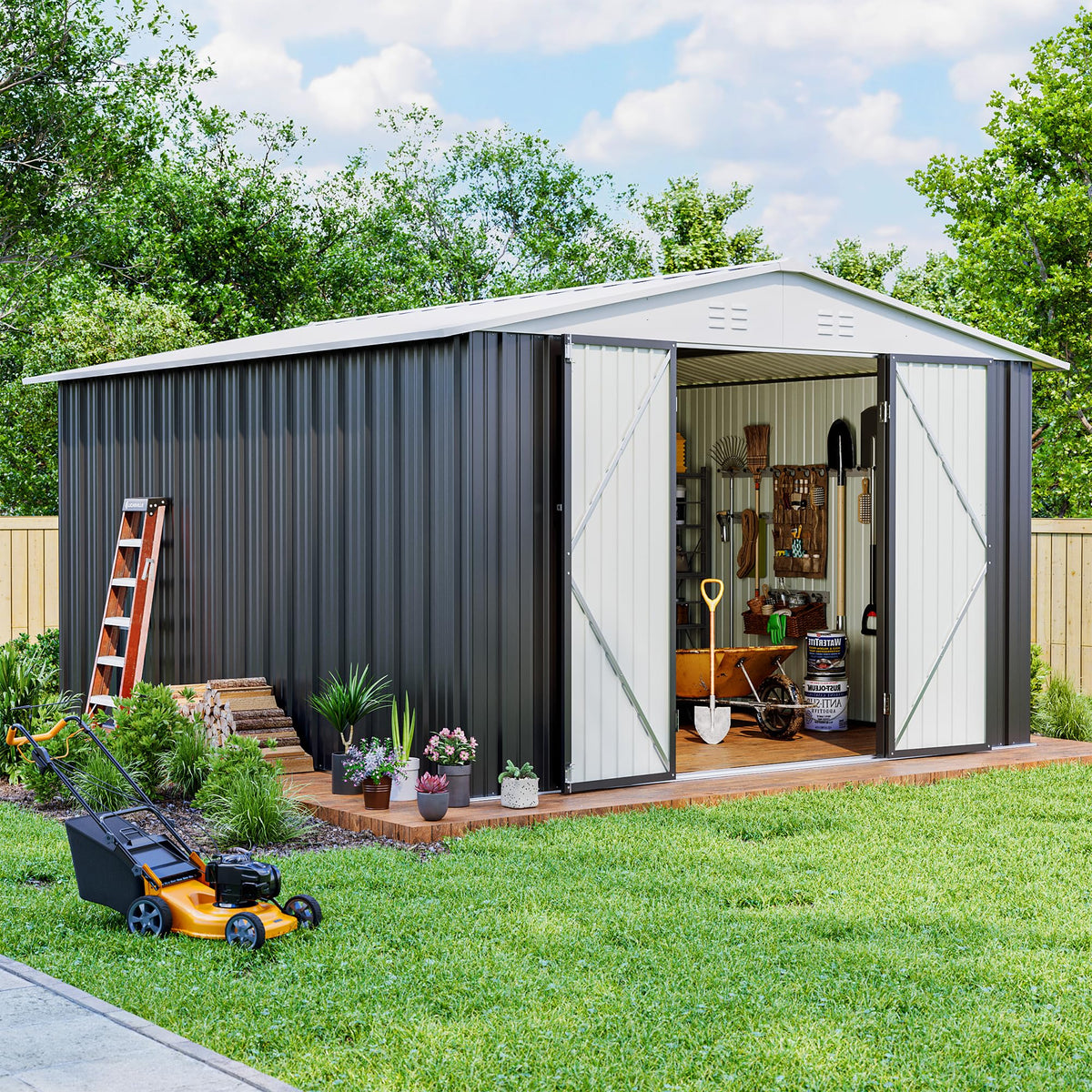 Polar Aurora 12x14 FT Outdoor Storage Shed, Garden Shed with Updated Frame Structure and Lockable Doors, Metal Tool Sheds for Backyard Garden Patio