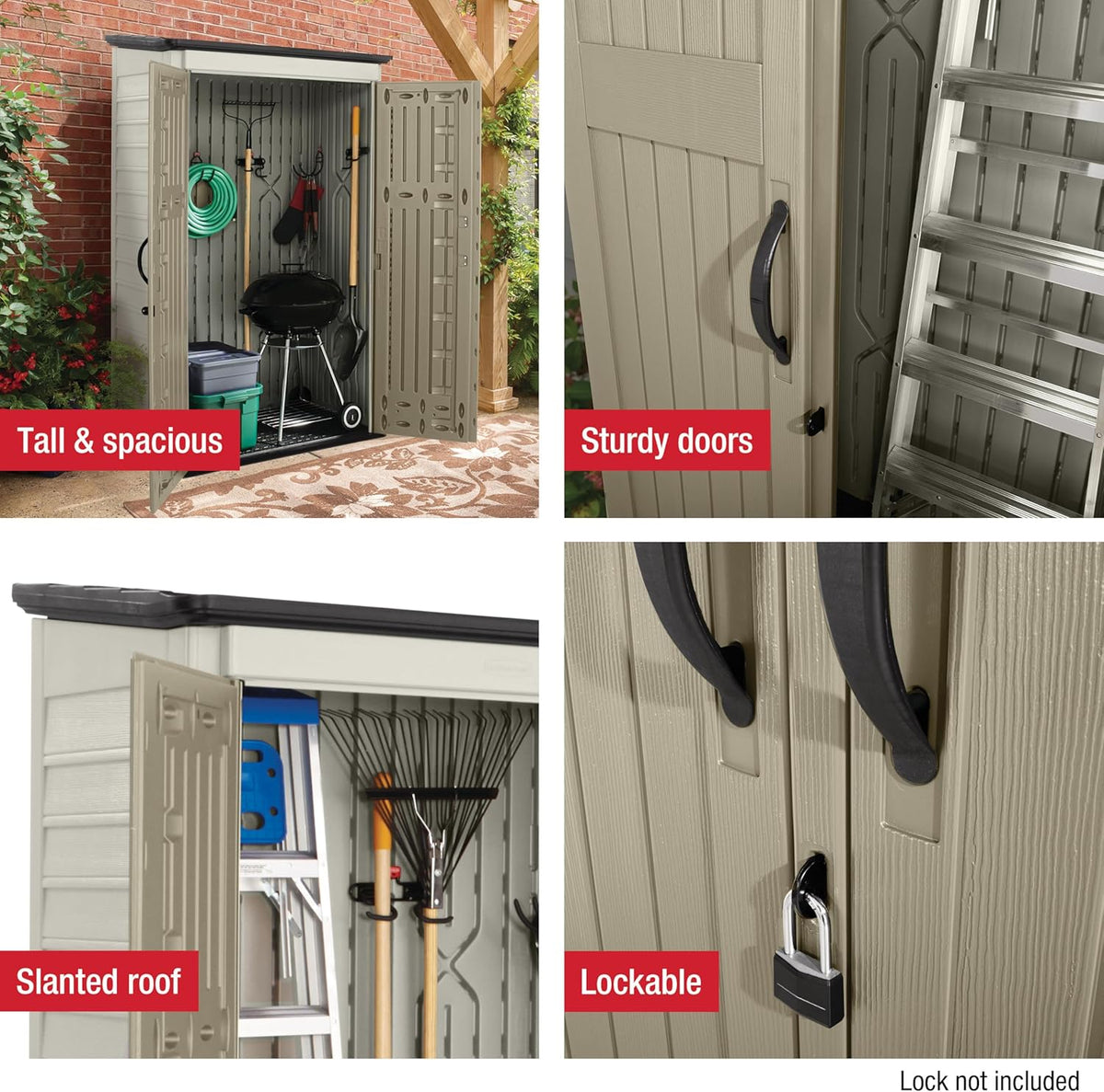 Rubbermaid Vertical Resin Outdoor Storage Shed With Floor (4 x 2.5 Ft) Weather Resistant Beige/Brown Organization for Home/Backyard/Pool Chemicals