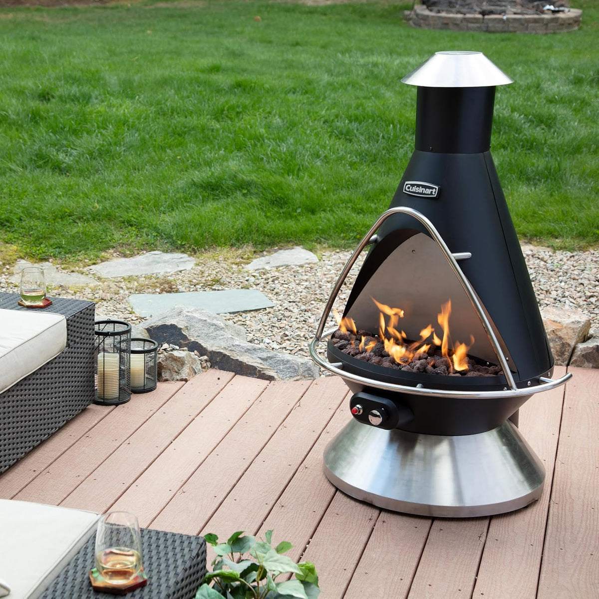 Cuisinart Chimenea Propane Fire Pit, 40,000 BTU Adjustable Gas Fire Pit for Patios, Includes Lava Rocks, Directional Heat Shield and Push to Start