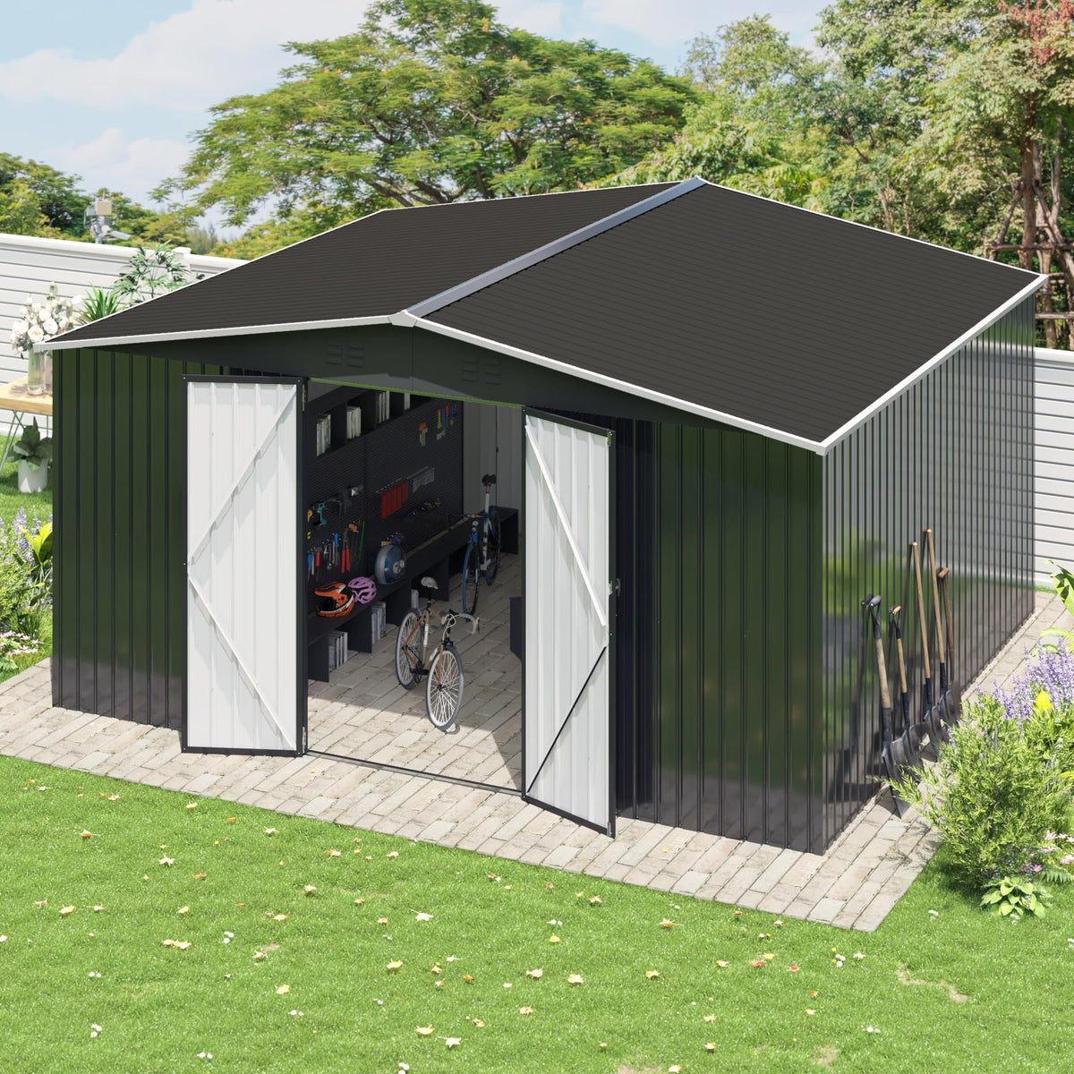 Polar Aurora 12x14 FT Outdoor Storage Shed, Garden Shed with Updated Frame Structure and Lockable Doors, Metal Tool Sheds for Backyard Garden Patio