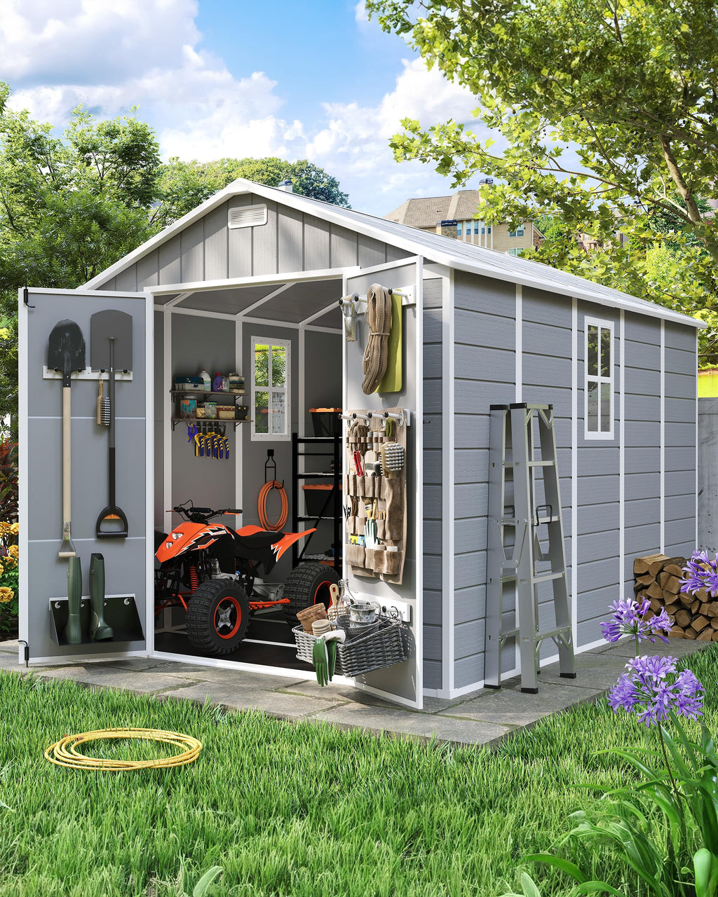 Amopatio 10x8 FT Storage Shed, Resin Shed with Floor Included, Plastic Sheds Outdoor Storage for Bike, Garden Tools, Sheds & Outdoor Storage with